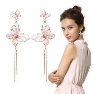 Rose gold plated butterfly tassel long earrings